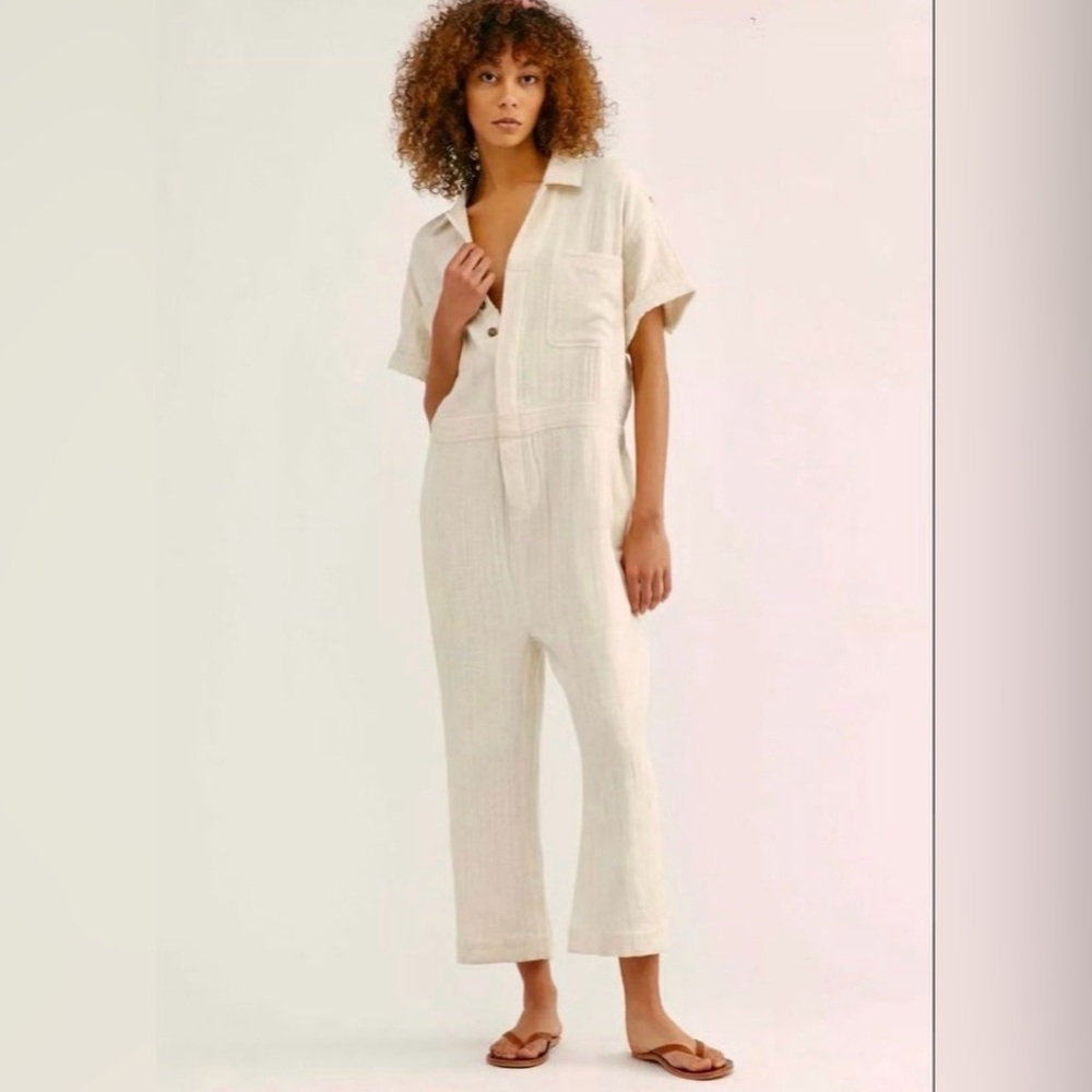 New Free People Lily Linen Boiler Jumpsuit Crop Crinkly Ivory Extra Small